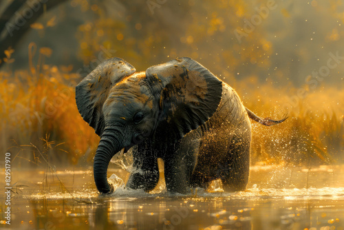A baby elephant playfully spraying water with its trunk