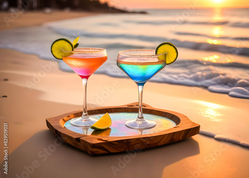 Drewniany stół z dwoma kolorowymi drinkami z limonką na tle oceanu podczas zachodu słońca. Magiczna randka lub spotkanie z przyjacielem