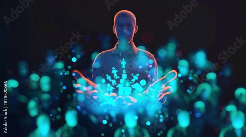 A holographic representation of a leader fostering a culture of transparency and accountability within their organization, promoting trust and integrity.