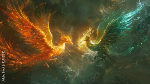 The faceoff between golden and emerald phoenixes, rising from ashes, rebirth, strength, conflict
