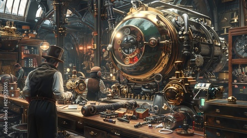 The rivalry of two inventors, one steampunk, one sci-fi, in a workshop, creativity, innovation, challenge