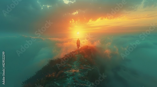An image of a serene figure standing on a mountaintop with a glowing aura.