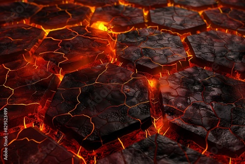 A fiery field of interlocking, red and orange pentagons with a lava-like texture