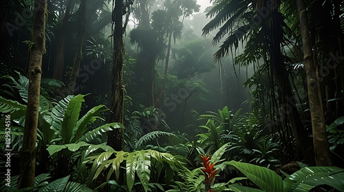  rainforest. The tall trees are covered in vines and other plants