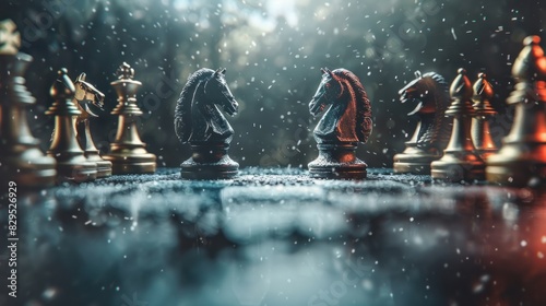 Two knights jousting on a chessboard, strategy and intellect, competition and power, medieval warfare concept
