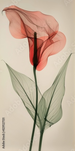 X-Ray Photograph of a Red Calla Lily with Transparent Leaves.