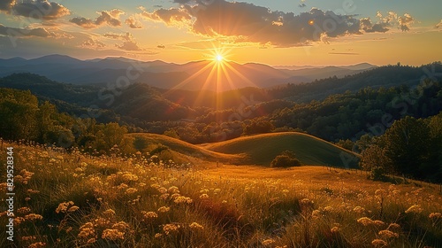 A picture of a golden sun rising over a peaceful valley.