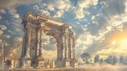 A grand entrance adorned with a triumphal arch in the style of ancient Greece