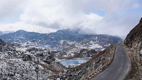 Small Lake and Roads of Nathula Pass, Indo-China Border, Gangtok, Sikkim, India. It is one of the three open trading border posts between India and China