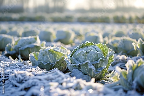 A frost-covered cabbage field on a crisp winter morning