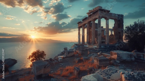 A stunning sunset over the ruins of an ancient Greek temple on the island of Aegina