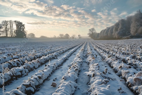 A frost-covered cabbage field on a crisp winter morning