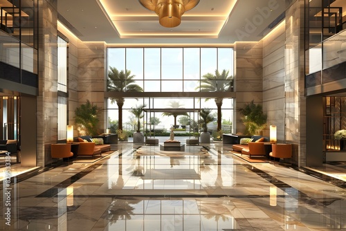 Modern hotel lobby interior with marble floor and large windows