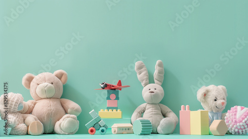 Cute Plush Toys and Building Blocks on Pastel Background.