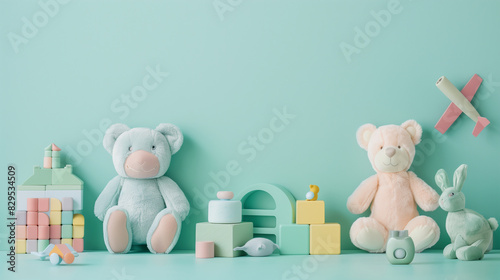 Cute Plush Toys and Building Blocks on Pastel Background.
