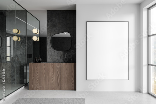 Stylish bathroom interior with glass shower and sink, window. Mockup frame