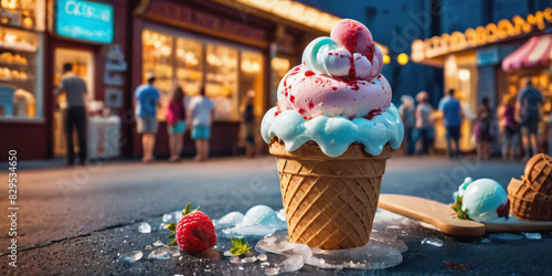  A colorful display of ice cream flavors in various forms. Scoops of ice cream in different colors and textures fill bowls, cones, and waffle cups. Pints and tubs with labeled flavors 