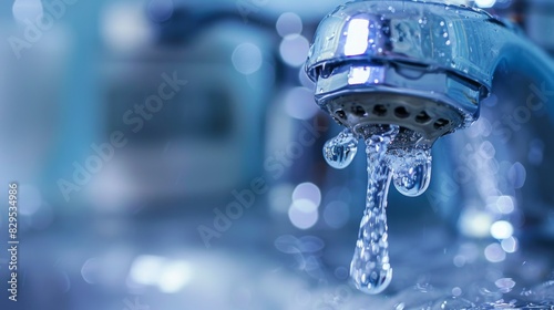 A close-up of a faucet dripping water droplets into a sink, illustrating issues of water waste and conservation.