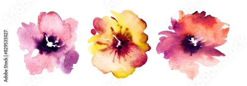 A watercolor set of three beautiful flowers with dark centers on a white background. The first flower is pink, the second yellow, and the third red, each showcasing vibrant hues and delicate petals