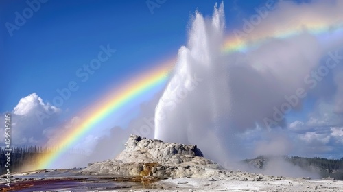 A colorful rainbow appearing above a geysers eruption