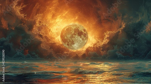 An abstract depiction of a celestial scene with a radiant moon.