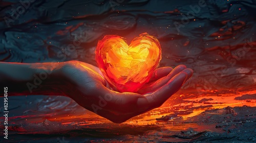 An abstract depiction of a hand holding a radiant heart.