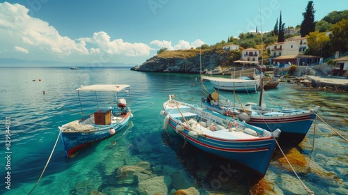 A serene Greek island harbor with fishing boats bobbing in the crystal-clear waters