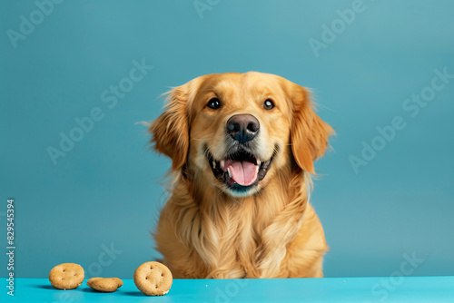 a dog looking at a cookie
