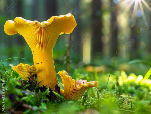 chanterelles growing in a forest glade. AI generative