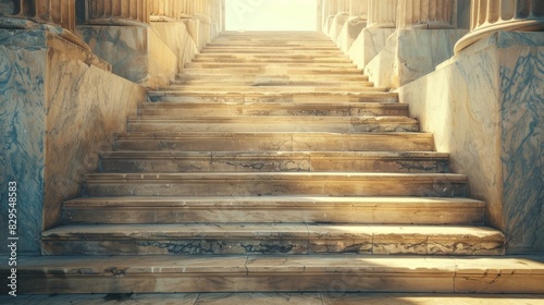 A majestic marble staircase leading up to the entrance of an ancient Greek temple