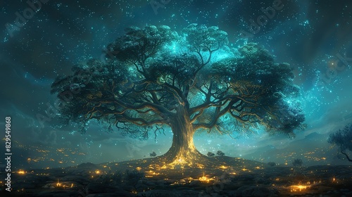 An illustration of a sacred tree with luminous branches.