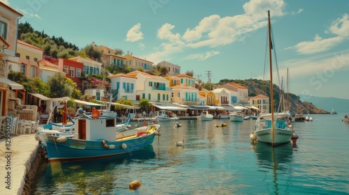 A picturesque Greek island harbor lined with colorful buildings and fishing boats