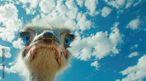 White ostrich with blue eyes feeding under the blue sky on a sunny day in a zoo or wildlife park