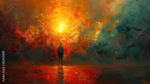 A conceptual painting of a radiant light shining from within a figure.