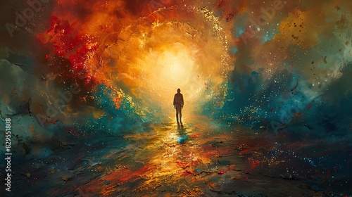 A conceptual painting of a radiant light shining from within a figure.