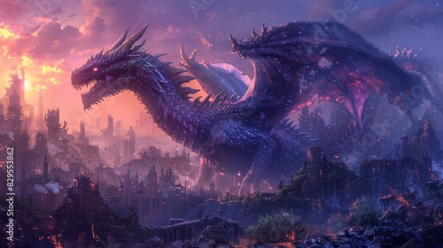 A purple dragon is flying over a city. The dragon is breathing fire on the city. The city is in ruins.