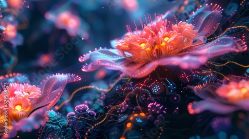 Glowing flowers in the depth of the ocean, looks like a beautiful painting.