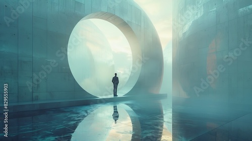 The image is a depiction of a person walking through a portal to another dimension.