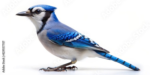 Blue jay standing on a white background