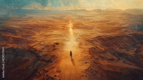 The image shows a man walking alone on a desert road