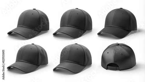 Set of blank black baseball caps isolated on background