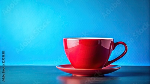 Crimson cup sitting on a vibrant azure background, creating a visually amusing contrast