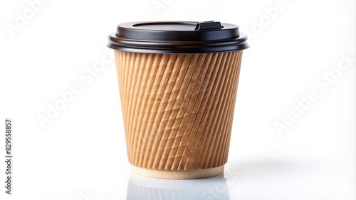 Craft cardboard coffee cup with plastic lid, insulated on a white background