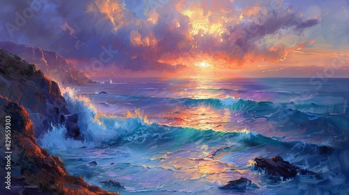 The setting sun casts a golden glow on the ocean waves in this beautiful painting