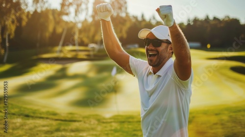 A golfer celebrating a successful putt with a fist pump and a smile, as the ball drops into the hole on a sunny green.