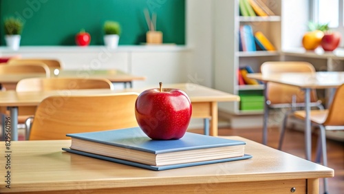 Desk in a classroom setting with a red apple on top surrounded by textbooks and school supplies