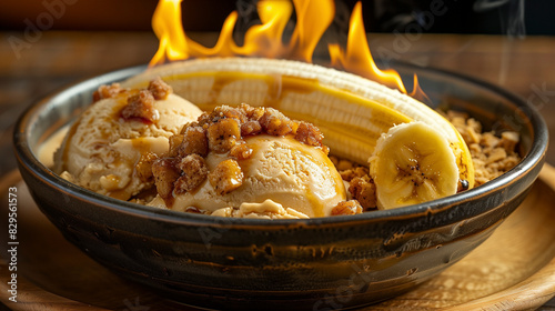 Bananas Foster Ice Cream in a flamboyant New Orleans scene, served with a flaming banana.