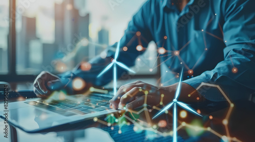 A businessman analyzes a graph showing market trends in renewable energy investments, against a clean and uncluttered background. , natural light, soft shadows, with copy space --ar 16:9