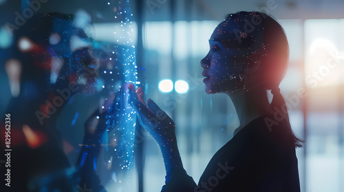 A businessperson interacting with a holographic AI assistant, machine learning, blurred background, with copy space --ar 16:9