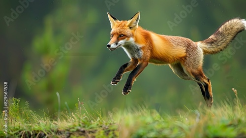 Red Fox jump hunting, Vulpes vulpes, wildlife scene from Europe. Orange fur coat animal in the nature habitat. Fox on the green forest meadow. Funny image from nature